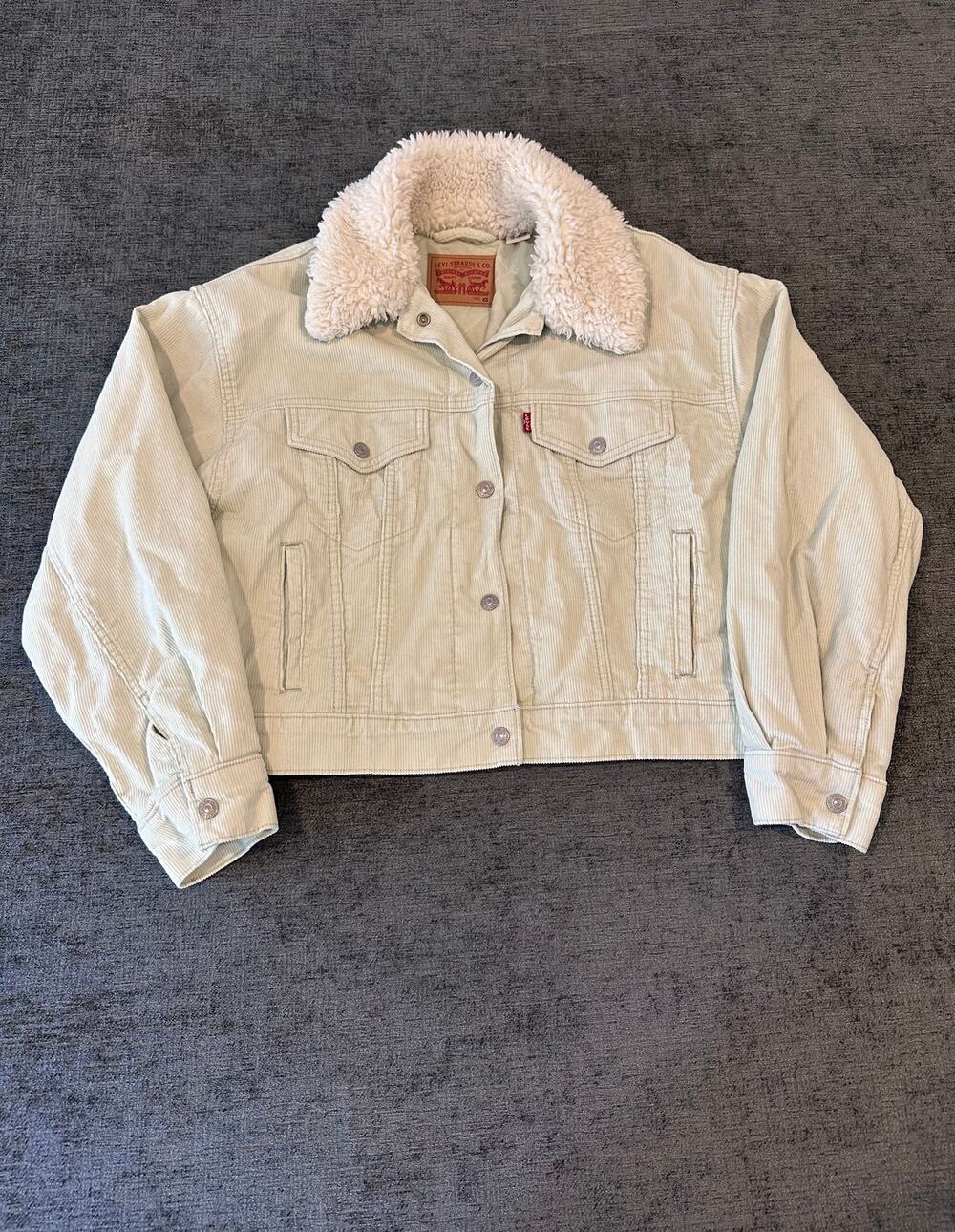 Levis Womens Corduroy Sherpa Trucker Jacket XS Mint Green Sage Cropped Coquette